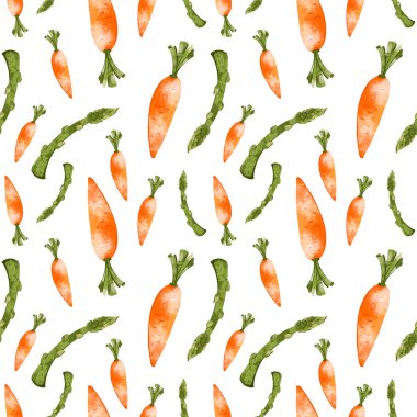 Beyaz arka planda parlak turuncu havuç ve kuşkonmaz desensiz sevimli yapısal dijital sanat. Kartlar, ambalajlar, restoranlar, afişler, posterler, kumaşlar, ambalaj kağıtları, kapaklar için yazdırma.