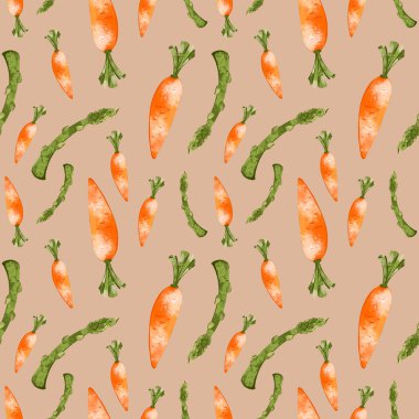 Turuncu arka planda parlak turuncu havuç ve dikişsiz kuşkonmaz desenli şirin yapısal dijital sanat. Kartlar, ambalajlar, restoranlar, afişler, posterler, kumaşlar, ambalaj kağıtları, kapaklar için yazdırma.