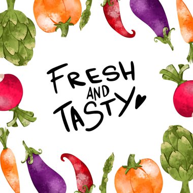 El yazısı lezzetli ve taze, sebze çerçevesi ile beyaz arka planda sevimli, dokusal dijital sanat dokusu. Kartlar, ambalajlar, restoranlar, afişler, posterler, kumaşlar, ambalaj kağıtları, kapaklar için yazdırma.
