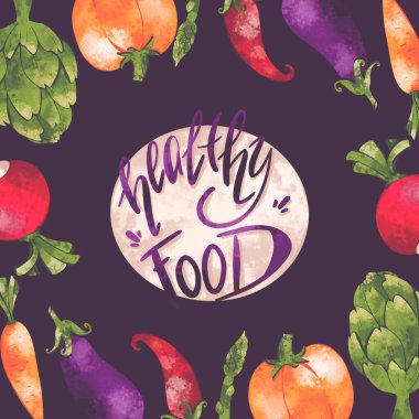 Sağlıklı yiyecekleri sebze çerçevesiyle el yazısı mor arka planda kare biçiminde dijital sanat eserleri. Kartlar, ambalajlar, restoranlar, afişler, posterler, kumaşlar, ambalaj kağıtları, kapaklar için yazdırma.