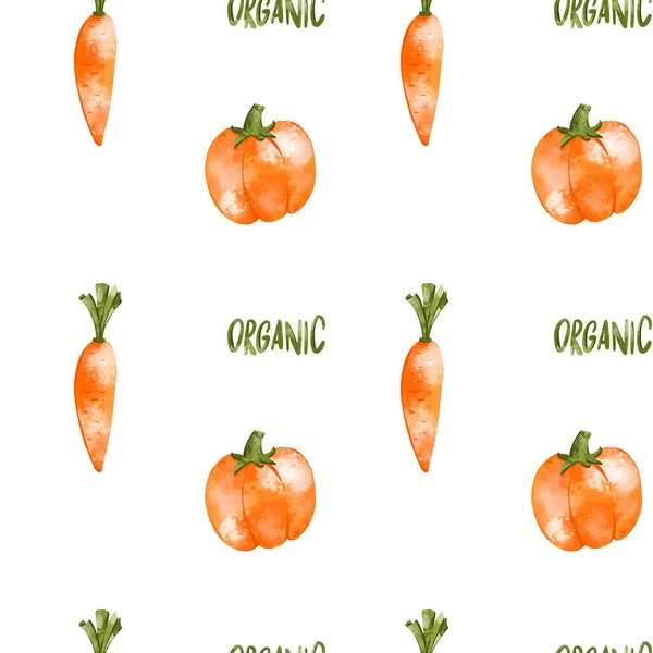 Bright orange carrot and asparagus seamless pattern cute textural digital art on a white background. Print for cards, packaging, restaurants, banners, posters, fabrics, wrapping paper, covers.