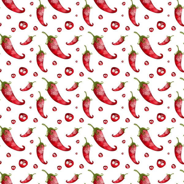 Bright hot red pepper seamless pattern cute textural digital art on a white background. Print for cards, packaging, restaurants, banners, posters, fabrics, wrapping paper, covers.