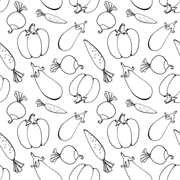 Contour doodle vegetable seamless pattern cute textural digital art on a white background. Print for cards, packaging, restaurants, banners, posters, fabrics, wrapping paper, covers.