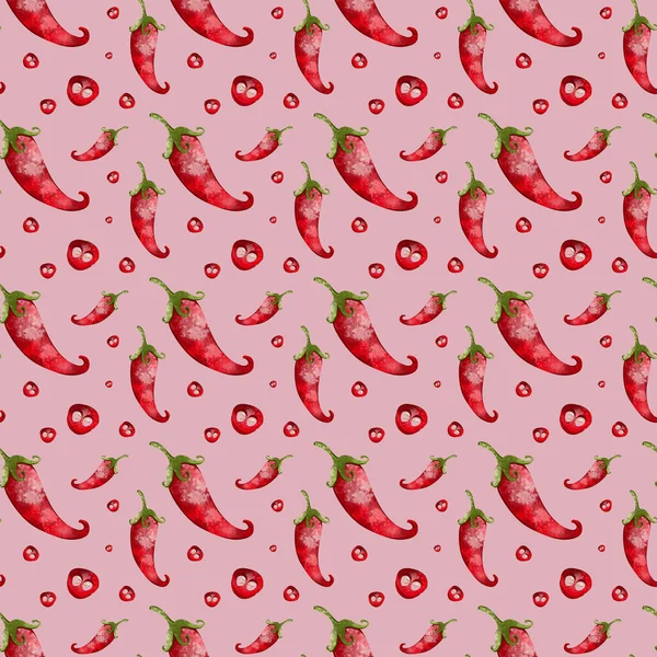 Bright hot red pepper seamless pattern cute textural digital art on a pink background. Print for cards, packaging, restaurants, banners, posters, fabrics, wrapping paper, covers.