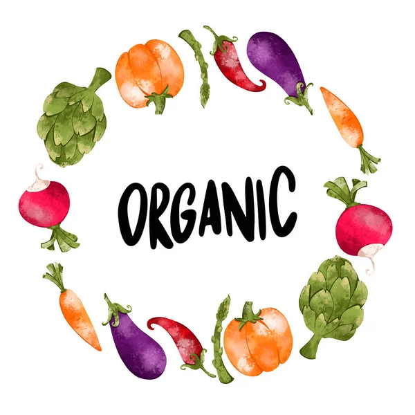 Hand Schriftzug Bio Mit Einem Rahmen Aus Gemüse Quadratische Niedliche — Stockfoto