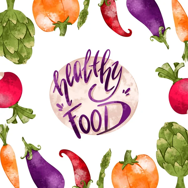 Hand lettering healthy food with frame of vegetables square cute textural digital art on a white background. Print for cards, packaging, restaurants, banners, posters, fabrics, wrapping paper, covers.