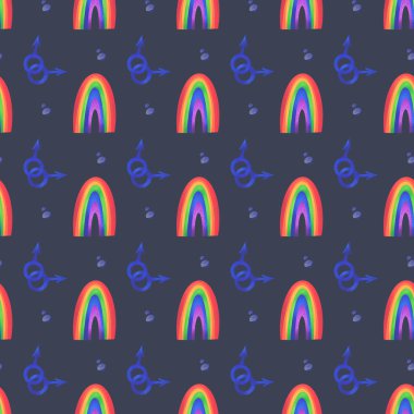 Gökkuşağı LGBT erkek sembolü. Koyu arkaplanda şekilsiz doku dijital sanat. Tekstil, ambalaj kağıdı, paketler, kutular, kartlar, davetiye kartları, afişler, web.