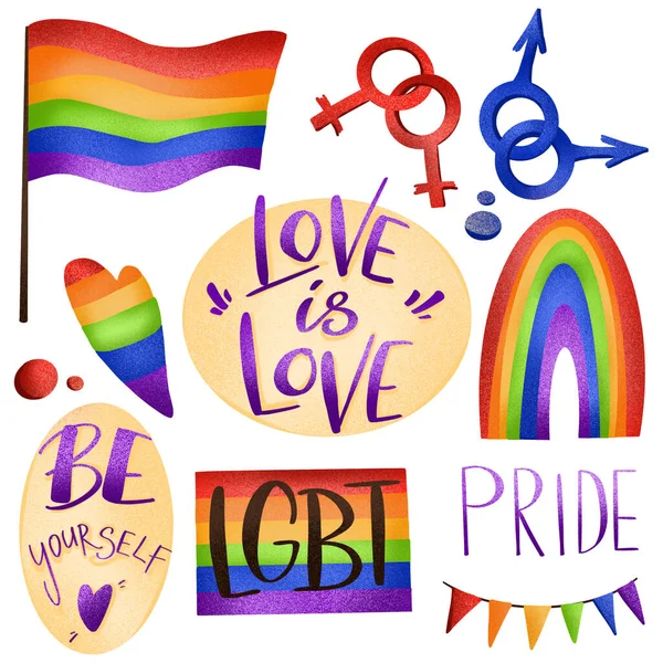 Set of lgbt rainbow elements, checkboxes, flag, be yourself lettering textural digital art. Print for stickers, stationery, wrapping paper, posters, cards, invitations, posts, web, fabrics.