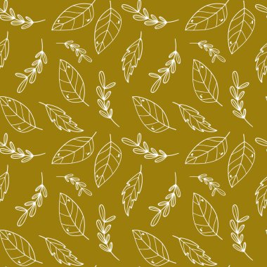 Sonbahar yaprağı, dikişsiz desenli, yeşil arka planda sevimli, karalama dijital sanat. Paket kağıdı, mutfak tekstili, kapaklar, kitaplar, kartlar, davetiyeler, web, kapaklar, afişler için yazdır.