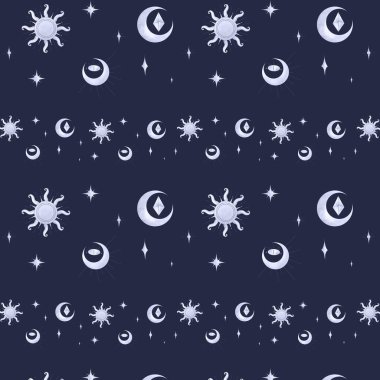 Mistik okült sanat deco ayı ve güneş suluboya dijital suluboya desen mavi arka planda kusursuz desen. Kumaş, pankart, kart, ambalaj kağıdı, dövme, kırtasiye.