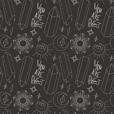 Mistik okült sanat deco kristali, ay, yıldızlar, güneş, dijital karalama taslağı siyah arka planda kusursuz desen. Kumaşlar, afişler, kartlar, ambalaj kağıtları, kırtasiye malzemeleri için yazdır.