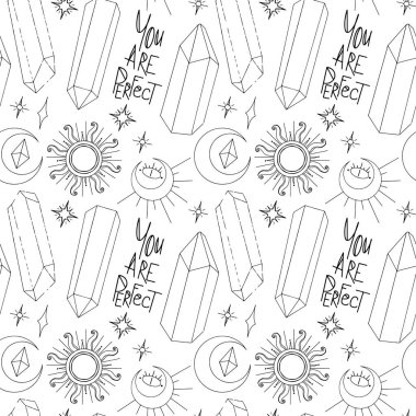 Gizemli okült sanat deco kristali, ay, yıldızlar, güneş, dijital karalama taslağı beyaz arka planda kusursuz bir desen. Kumaşlar, afişler, kartlar, ambalaj kağıtları, kırtasiye malzemeleri için yazdır.