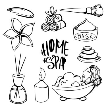 Ev spa seti, banyodaki kız, kil maske, dağınık dijital taslak karalama sanatı. Çıkartmalar, ambalajlar, afişler, afişler, kartlar, web, kırtasiye, kumaşlar, kağıt, boyama için yazdır.