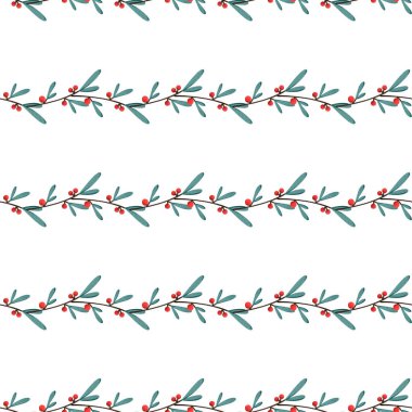 Noel dalları, beyaz arka planda kusursuz kare desenli dijital sanat. Paket kağıdı, kart, pankart, afiş, poster, ağ, kumaş, davetiye.