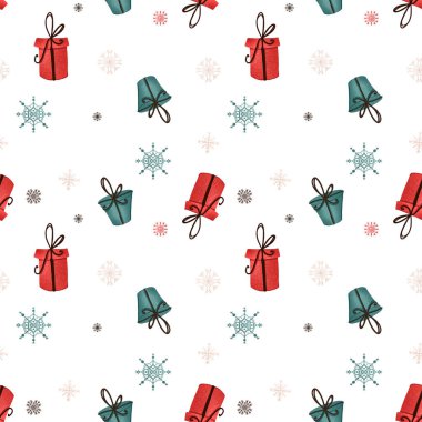 Noel hediyesi ve kar taneleri beyaz arka planda dikdörtgen kare desenli dijital sanat eserleri. Paket kağıdı, kart, pankart, afiş, poster, ağ, kumaş, davetiye.