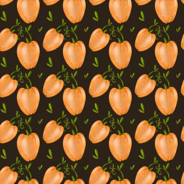Tatlı turuncu balkabağı dikişsiz dijital sanat deseni koyu arkaplanda. Kumaşlar, ambalaj çantaları, kağıtlar, kutular, kartlar, davetiyeler, afişler, posterler, kırtasiyeler için yazdır.