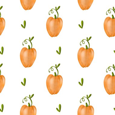 Beyaz arka planda sevimli turuncu balkabağı dikişsiz dijital sanat deseni. Kumaşlar, ambalaj çantaları, kağıtlar, kutular, kartlar, davetiyeler, afişler, posterler, kırtasiyeler için yazdır.