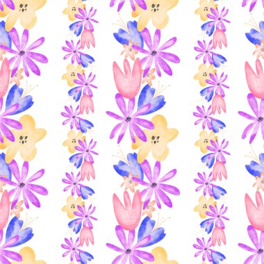 Sınır çiçekleri suluboya dokusunu bembeyaz zemin üzerinde dijital sanat dijitalsiz desen oluşturur. Kumaşlar, afişler, web tasarımı, posterler, davetiyeler, kartlar, kağıtlar, ambalaj kağıtları için yazdır.