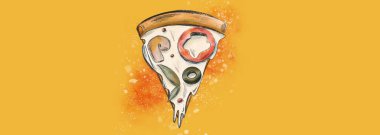 Suluboya lekeli ve sıçramalı pizza üçgeni. Web sitesi için dikdörtgen pankart ve sarı arka planda reklam. Cafe, dağıtım, fast food, menü, restoran, internet servisi için yazdır.