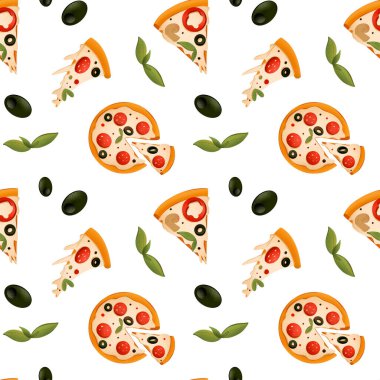 Parlak pizza, beyaz arka planda bir parça dijital devriye. Afişler, ambalaj kağıtları, posterler, kartlar, davetiyeler, kumaşlar, kafeler, menüler, restoranlar, web tasarımı.