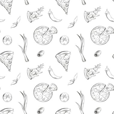 Pizzasız karalama, beyaz arka planda devriye çizimi. Afişler, ambalaj kağıtları, posterler, kartlar, davetiyeler, kumaşlar, kafeler, menüler, restoranlar, web tasarımı.