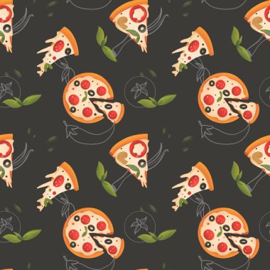Parlak pizza, siyah arka planda bir parça dijital devriye. Afişler, ambalaj kağıtları, posterler, kartlar, davetiyeler, kumaşlar, kafeler, menüler, restoranlar, web tasarımı.