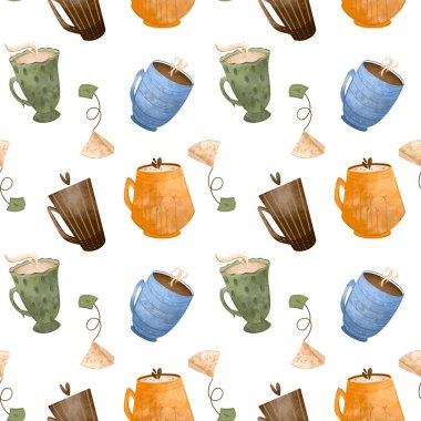 Hoş bir çay deseni, beyaz arka planda kahve fincanları, dokusal dijital sanat. Tekstil, mutfak, menü, restoranlar, çıkartmalar, afişler, posterler, web tasarımı, tebrik kartı, yapışkan bant.