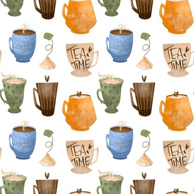 Hoş bir çay deseni, beyaz arka planda kahve fincanları, dokusal dijital sanat. Tekstil, mutfak, menü, restoranlar, çıkartmalar, afişler, posterler, web tasarımı, tebrik kartı, yapışkan bant.
