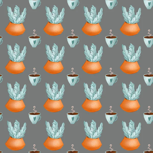 盆栽在茶杯里 茶杯质感天衣无缝 数码艺术图案呈灰色背景 印制横幅 网页设计 — 图库照片