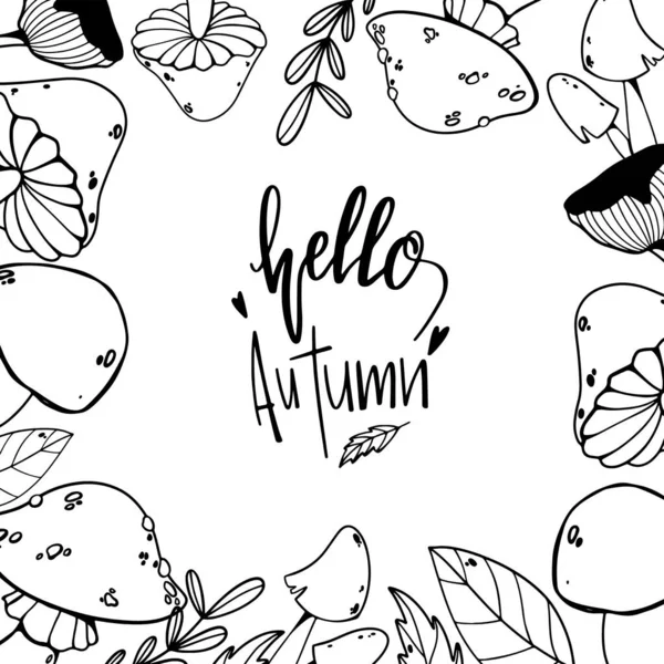 Hello Autumn Kwadratowa Kartka Okolicznościowa Ładny Zarys Doodle Sztuki Cyfrowej — Zdjęcie stockowe