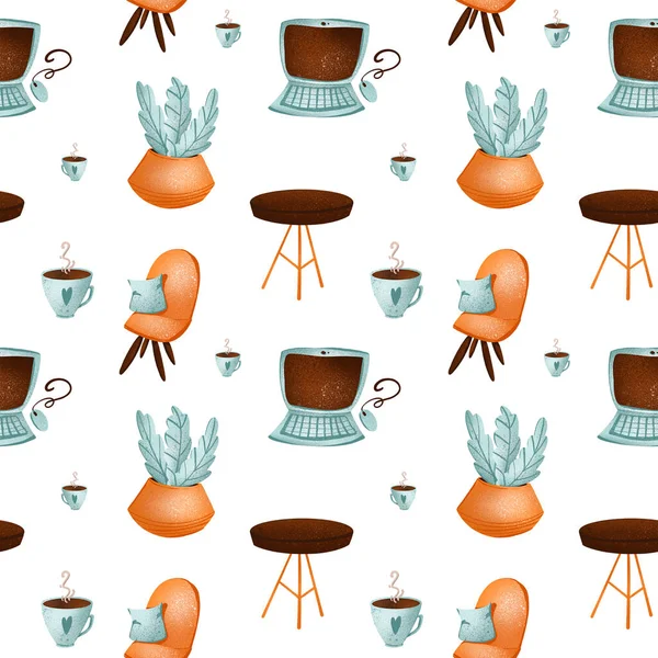 Szék Asztal Számítógép Cserepes Növény Tea Csésze Zökkenőmentes Minta Textúra — Stock Fotó