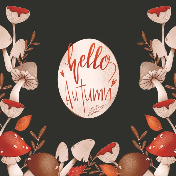 Lettering hello autumn square card with mushrooms outline doodle digital art on a black background. Print for wrapping paper, kitchen textiles, covers, books, invitations, web, covers, banners, posts