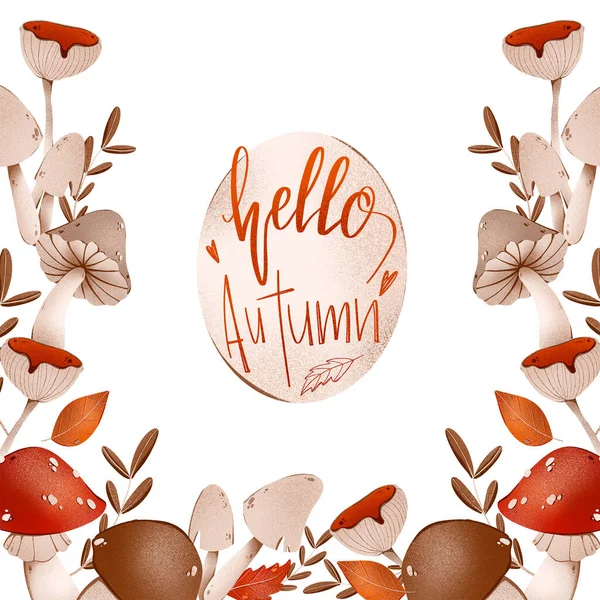 Lettering hello autumn square card with mushrooms outline doodle digital art on a white background. Print for wrapping paper, kitchen textiles, covers, books, invitations, web, covers, banners, posts