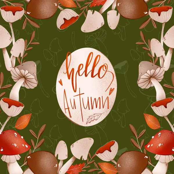 Lettering hello autumn square card with mushrooms outline doodle digital art on a green background. Print for wrapping paper, kitchen textiles, covers, books, invitations, web, covers, banners, posts