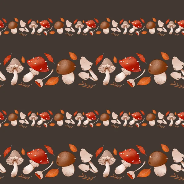 秋のキノコのシームレスなパターン茶色の背景にかわいい質感のデジタルアート 包装紙 キッチンテキスタイル カバー カード 招待状 ウェブ カバー バナーのための印刷 — ストック写真