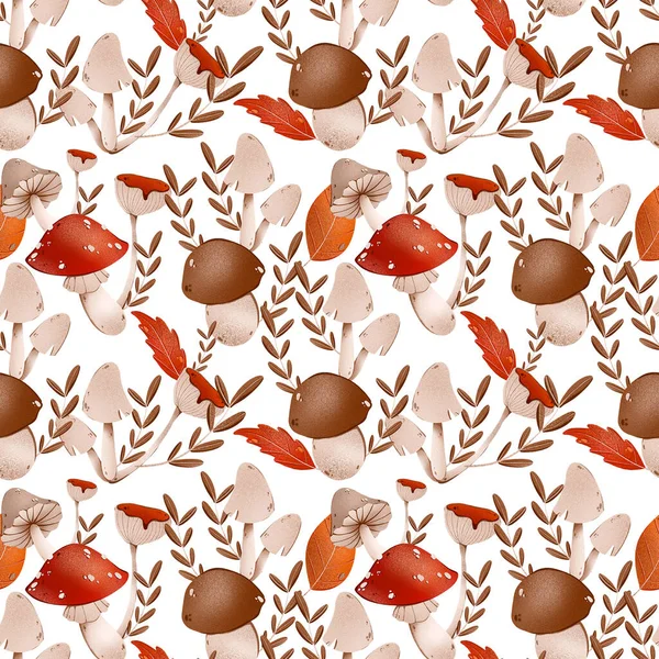 Autumn Mushroom Seamless Pattern Cute Textural Digital Art White Background — Stock Photo, Image