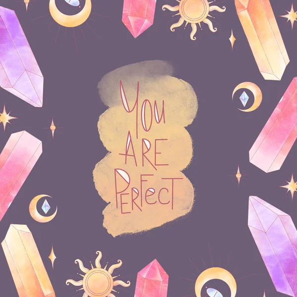 Hand lettering inscription you are perfection mystical occult crystals, moon digital doodle outline square greeting card on blue background. Print for fabrics, banners, wrapping paper, stationery.
