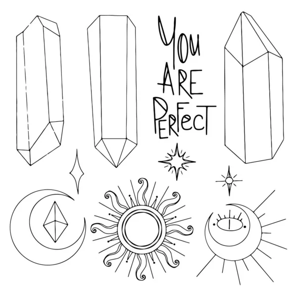 Seth sun, moon, crystals, lettering you perfect mystical occultism outline doodle digital art. Print for stickers, tattoos, banners, posters, cards, web, wrapping paper, fabrics.