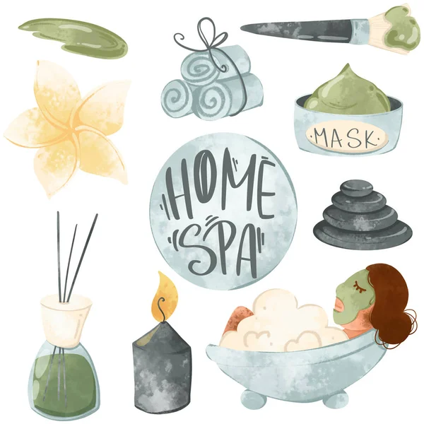 Ev spa seti, banyodaki kız, kil maske, aroma yayıcı dijital doku sanatı. Çıkartmalar, ambalajlar, afişler, posterler, kartlar, web, kırtasiye, kumaşlar, kağıt için yazdır.