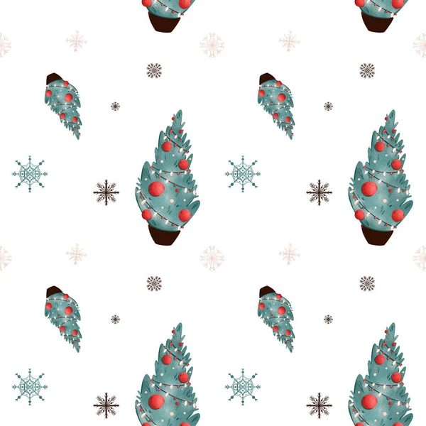 Árbol Navidad Con Bolas Copos Nieve Sin Costuras Textura Cuadrada —  Fotos de Stock