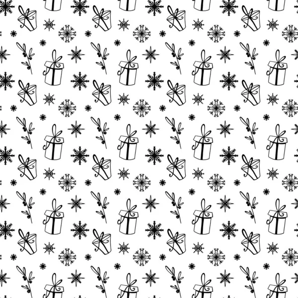 Snowflakes and gift box hand drawn square doodle seamless contour digital art seamless pattern on white background. Print for wrapping paper, cards, banners, posters, web, fabrics, invitations.