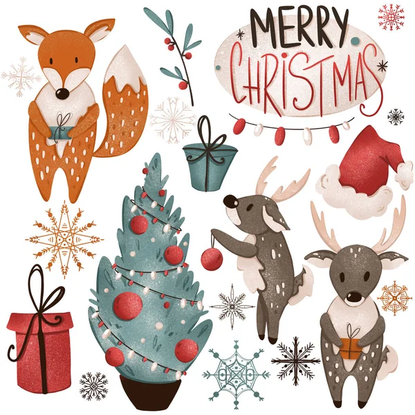 Orange Fox Deer Christmas Tree Gifts Snowflakes Lettering Happy Cute — Stock Photo, Image