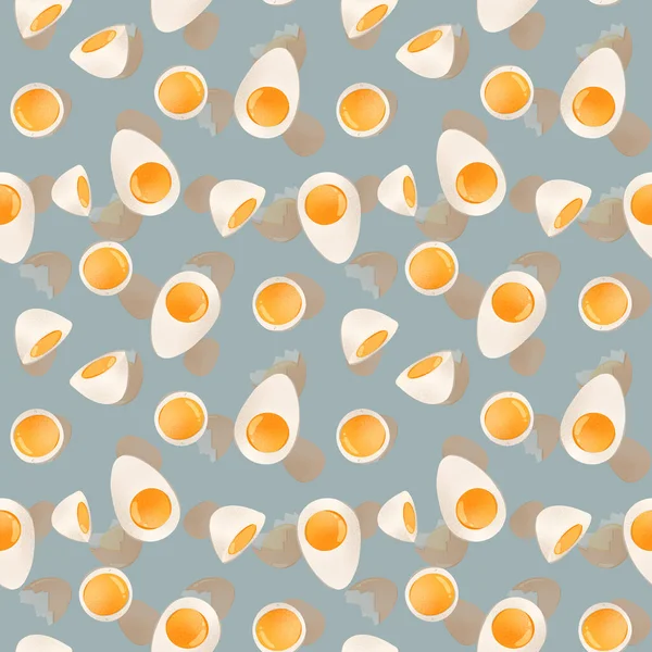 明亮的无缝图案半熟鸡蛋 灰色背景下的数字艺术 纺织品 包装纸 装饰品 厨房印刷 — 图库照片