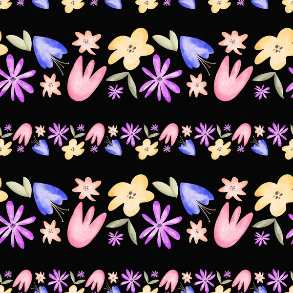 Határ Virág Bimbók Akvarell Textúra Digitális Művészet Digitális Zökkenőmentes Minta — Stock Fotó