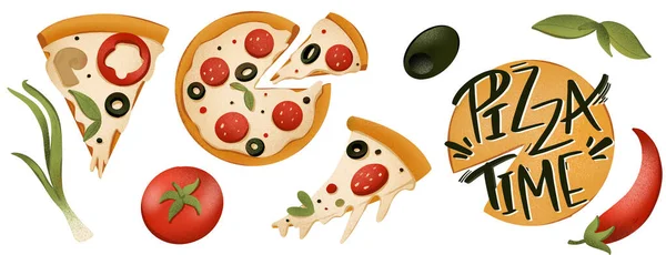 Seth Piece Pizza Tomato Olives Pepper Lettering Pizza Time Digital — Stock Photo, Image