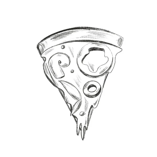Nakrájená Trojúhelníková Pizza Olivami Náčrt Pepře Jednoduchou Digitální Tužkou Tisk — Stock fotografie