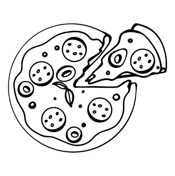 Pizza with a sliced slice with pepper, olive, pepperoni outline digital doodle art. Print for cards, banners, posters, menus, restaurants, cuisine, fabrics, stickers, children\'s and adult coloring.