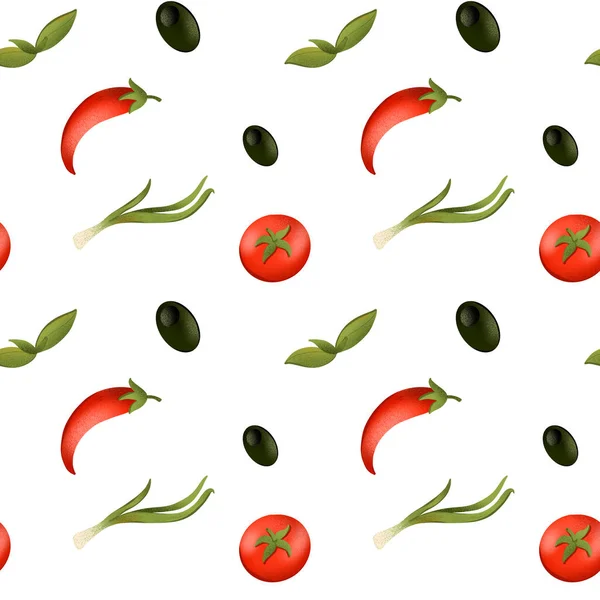 明亮的西红柿 胡椒质感 白色背景上的数码无缝牛油 印刷横幅 包装纸 邀请函 咖啡馆 网页设计 — 图库照片
