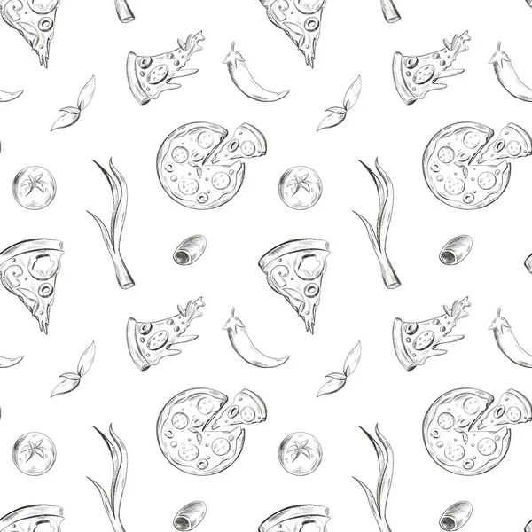 Pizza Sans Couture Croquis Doodle Pattren Sur Fond Blanc Impression — Photo