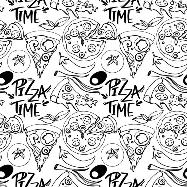 Pizza seamless doodle sketch pattren on a white background. Print for banners, wrapping paper, posters, cards, invitations, fabrics, cafes, menus, restaurants, web design.